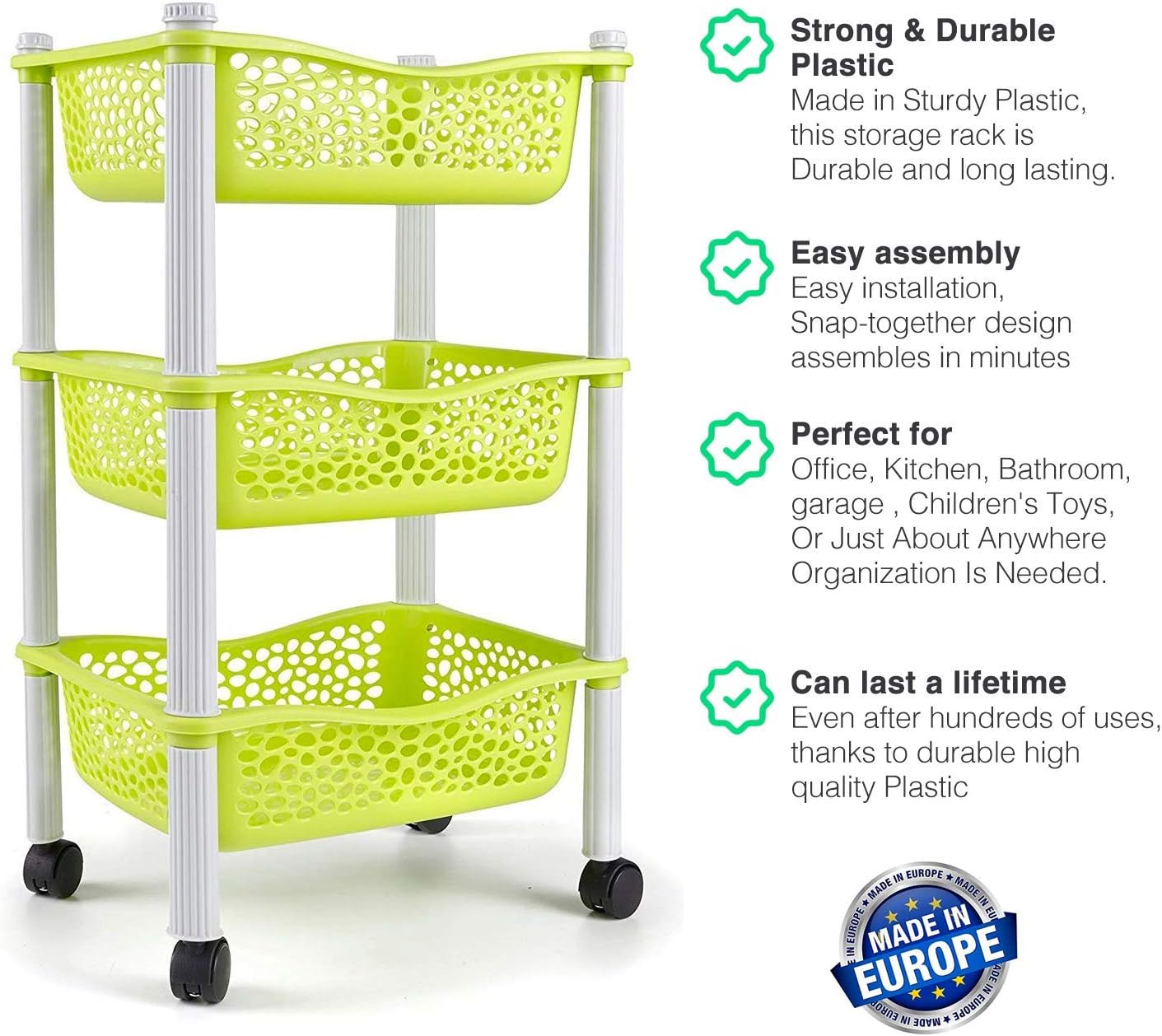 Meuble de rangement en plastique à 3 tiroirs et roulettes – Bureau, salon, école, salle de bain