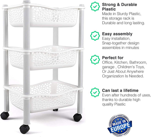 Carrinho de cozinha trolley com rodas - Armazenamento para cozinha, escritório, wc , brinquedos - 3 Cestas - Branco