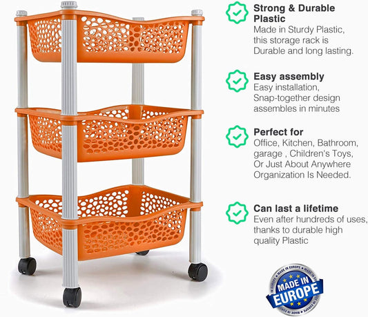 Carrinho de cozinha trolley com rodas - Armazenamento para cozinha, escritório, wc , brinquedos - 3 Cestas - Cor de Laranja