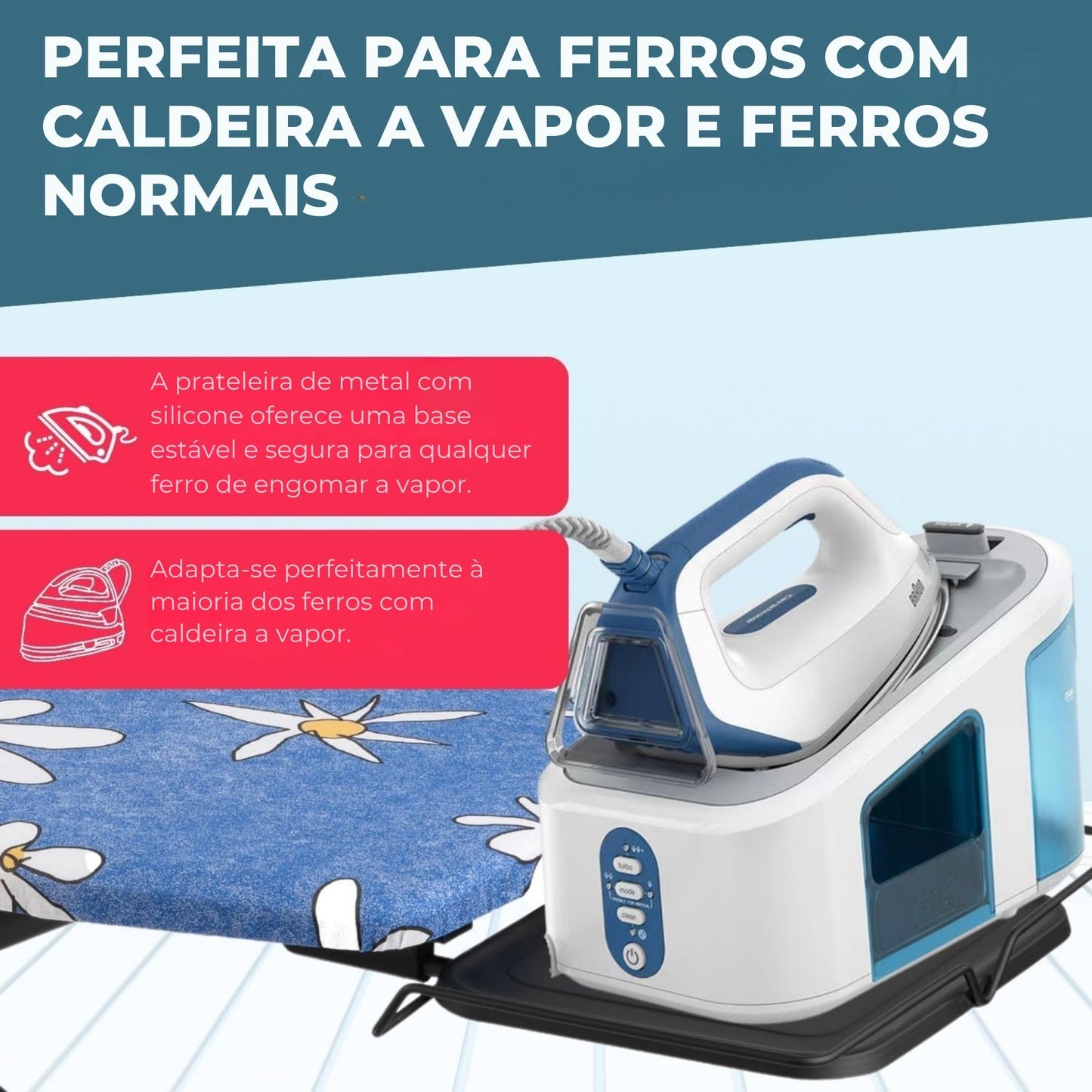 tábua de passar roupa premium com capa floral e 2 rodas – perfeita para caldeiras