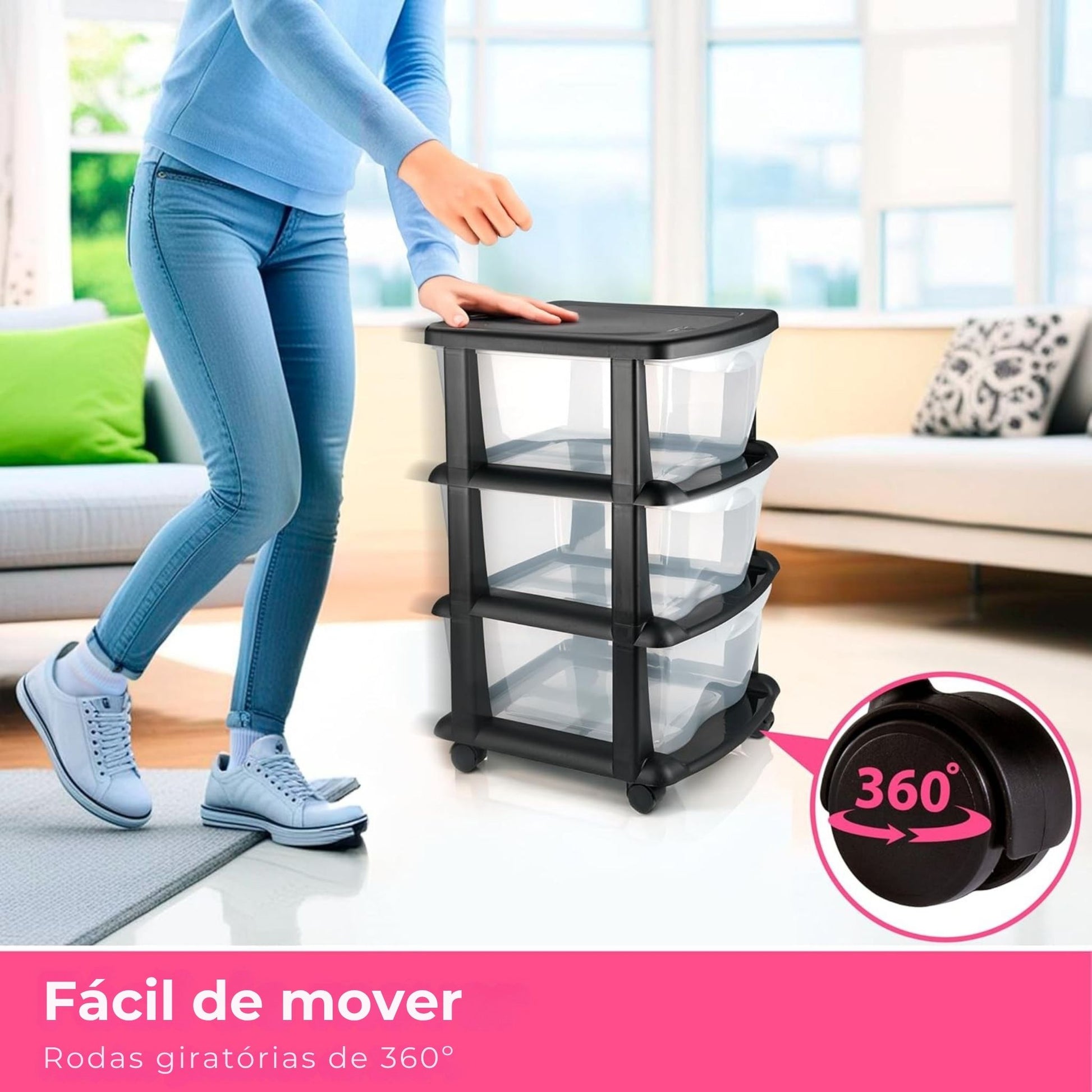 Armário de arrumação com 3 gavetas – rodas giratórias de 360 graus para fácil mobilidade
