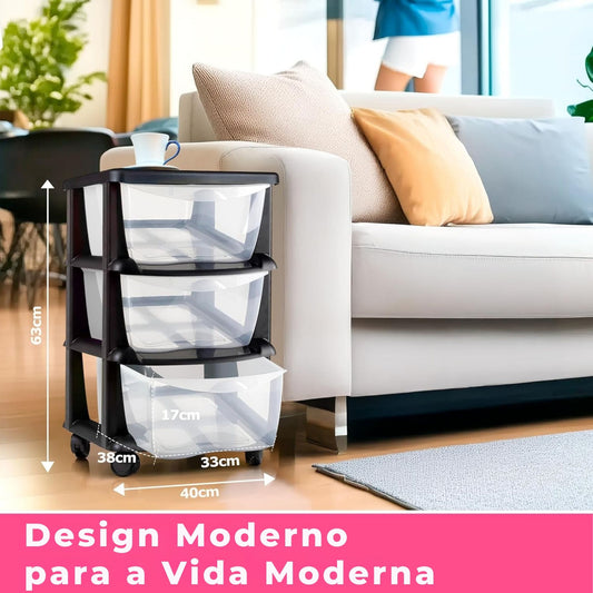 Armário de arrumação em plástico com 3 gavetas e rodas – medidas detalhadas