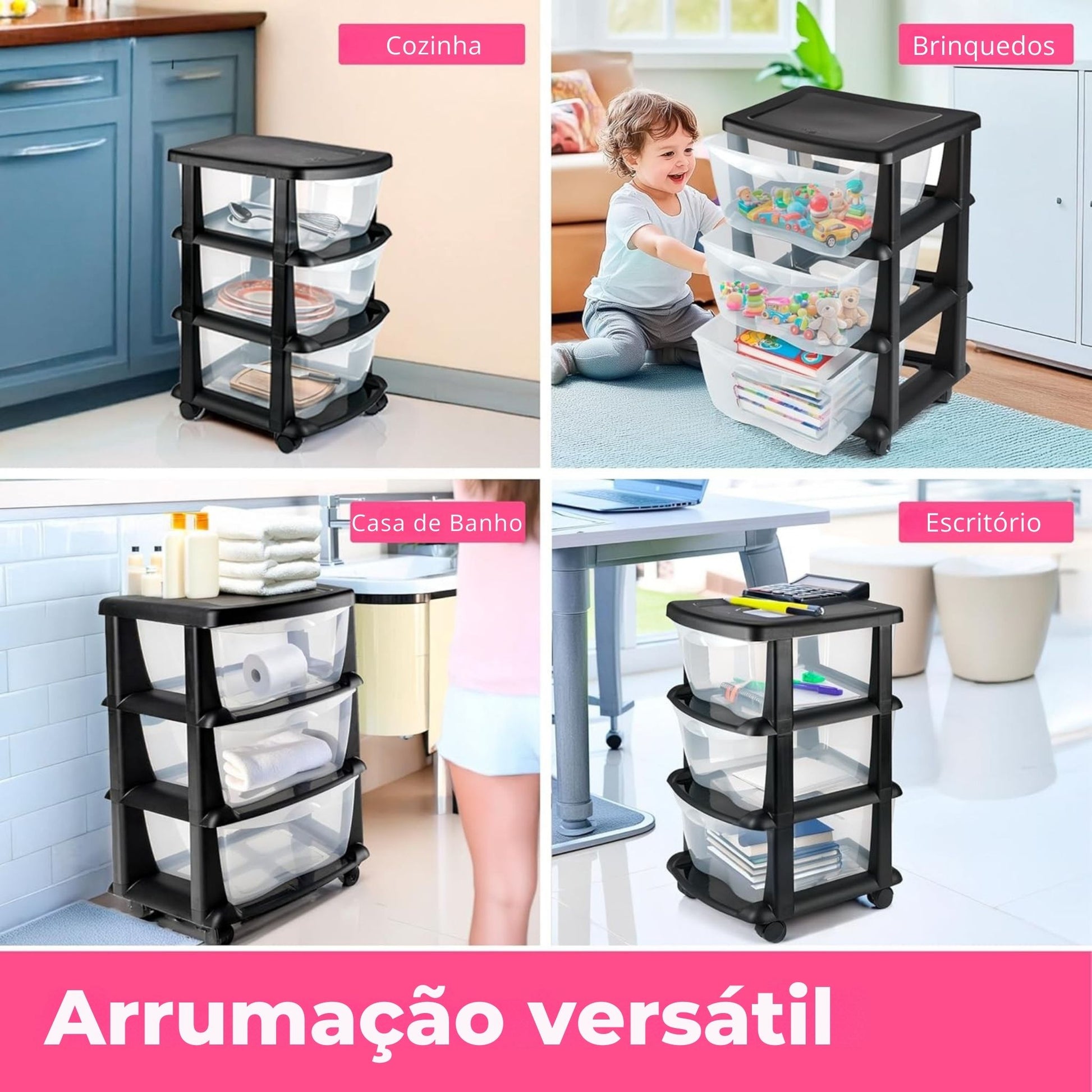 Armário de arrumação em plástico com 3 gavetas e rodas – solução versátil para organização