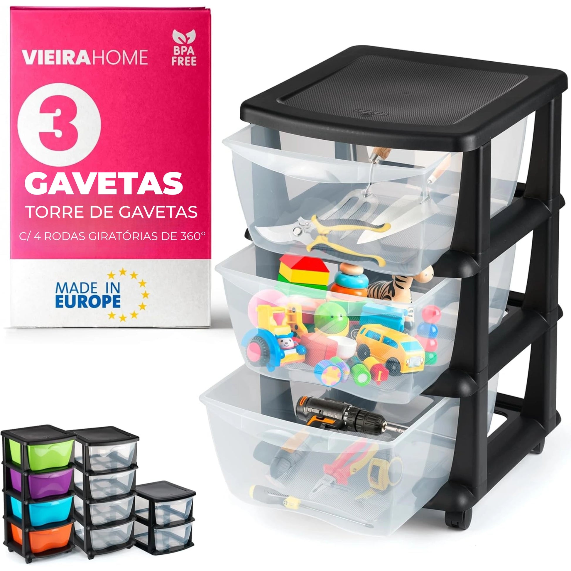 Armário de arrumação em plástico com 3 gavetas e rodas – vista frontal