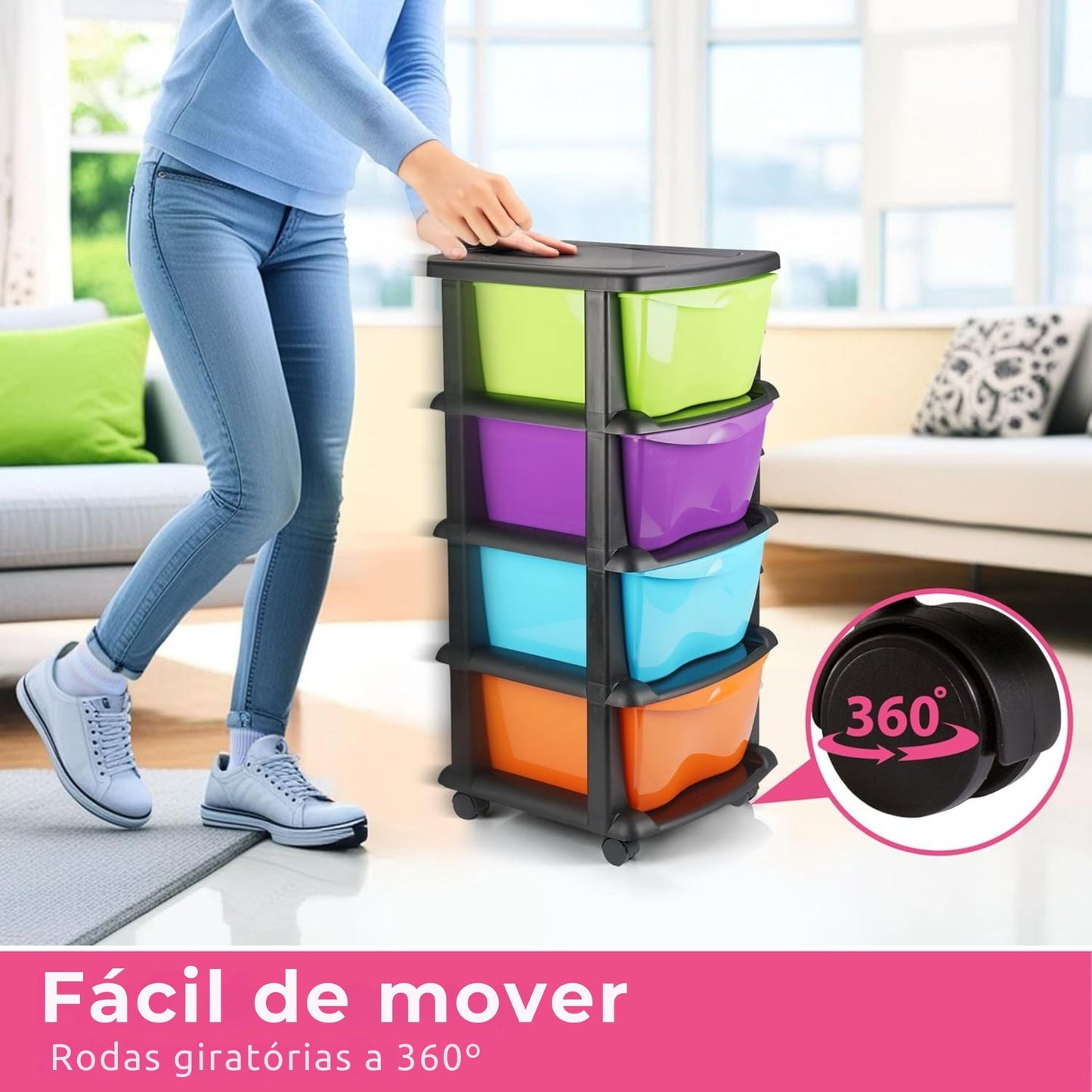 Armário de arrumação com 4 gavetas multicolor – rodas giratórias de 360 graus para fácil mobilidade
