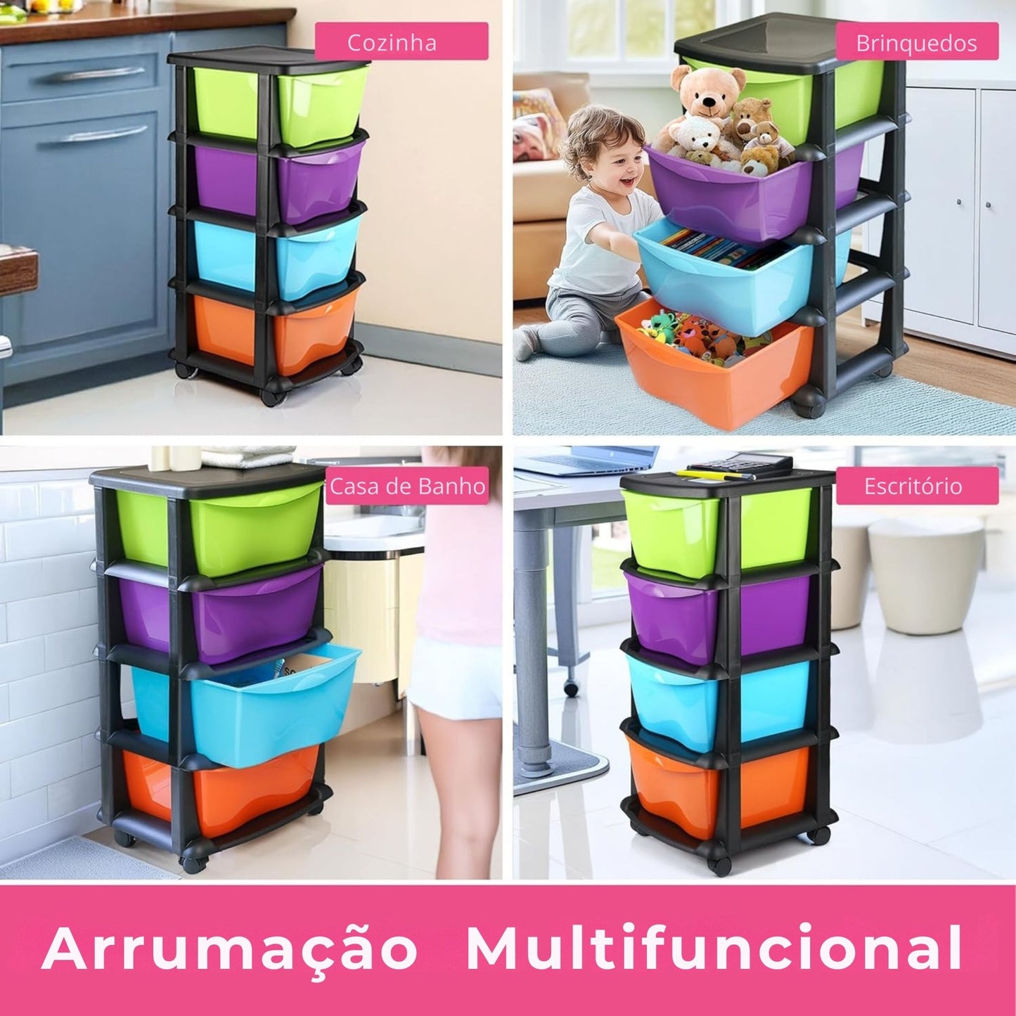 Armário de arrumação em plástico com 4 gavetas multicolor e rodas – solução versátil para organização