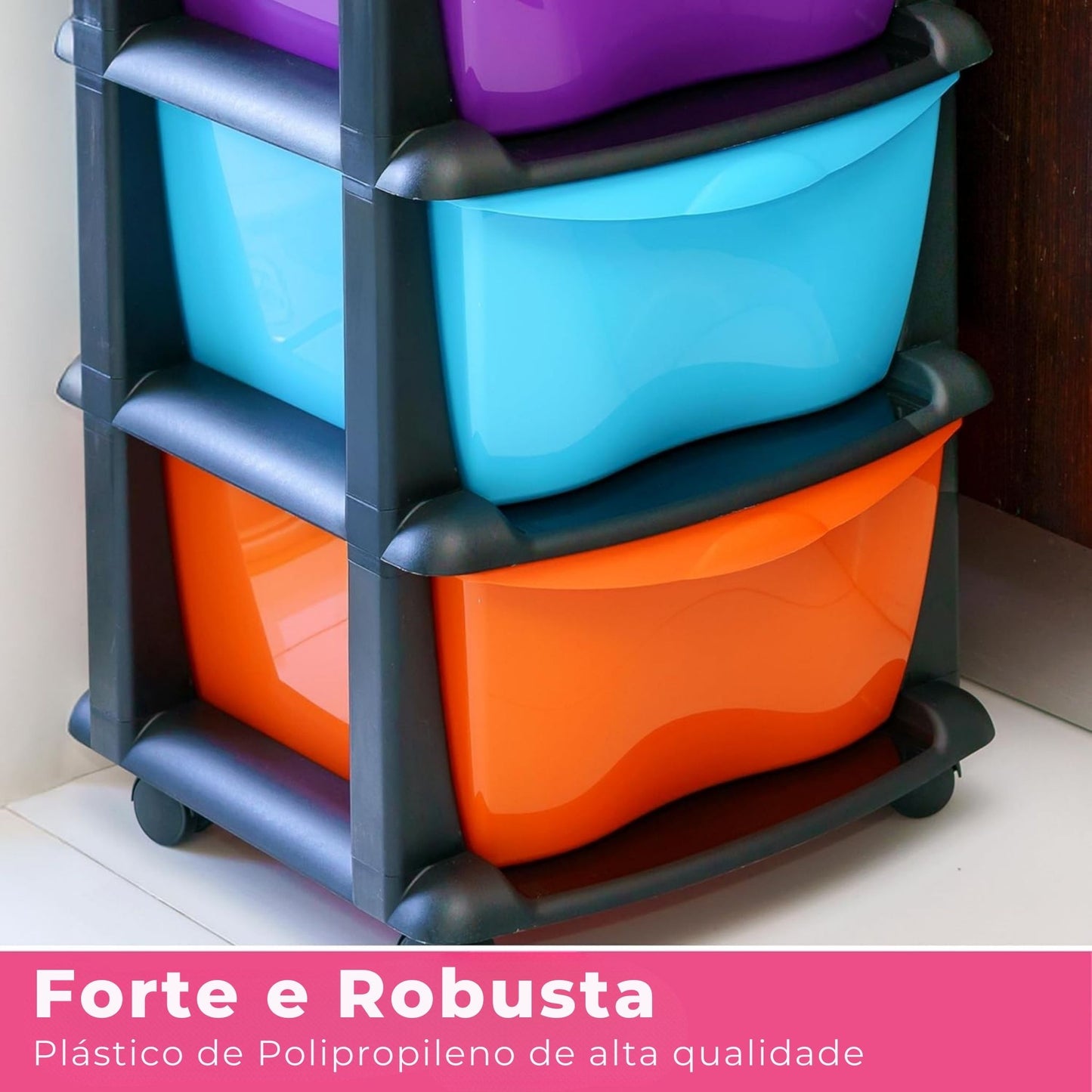 Armário de arrumação em plástico com 4 gavetas multicolor e rodas – estrutura forte e robusta
