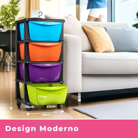 Armário de arrumação em plástico com 4 gavetas multicolor e rodas – medidas detalhadas