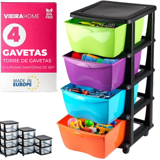 Armário de arrumação em plástico com 4 gavetas multicolor e rodas – vista frontal