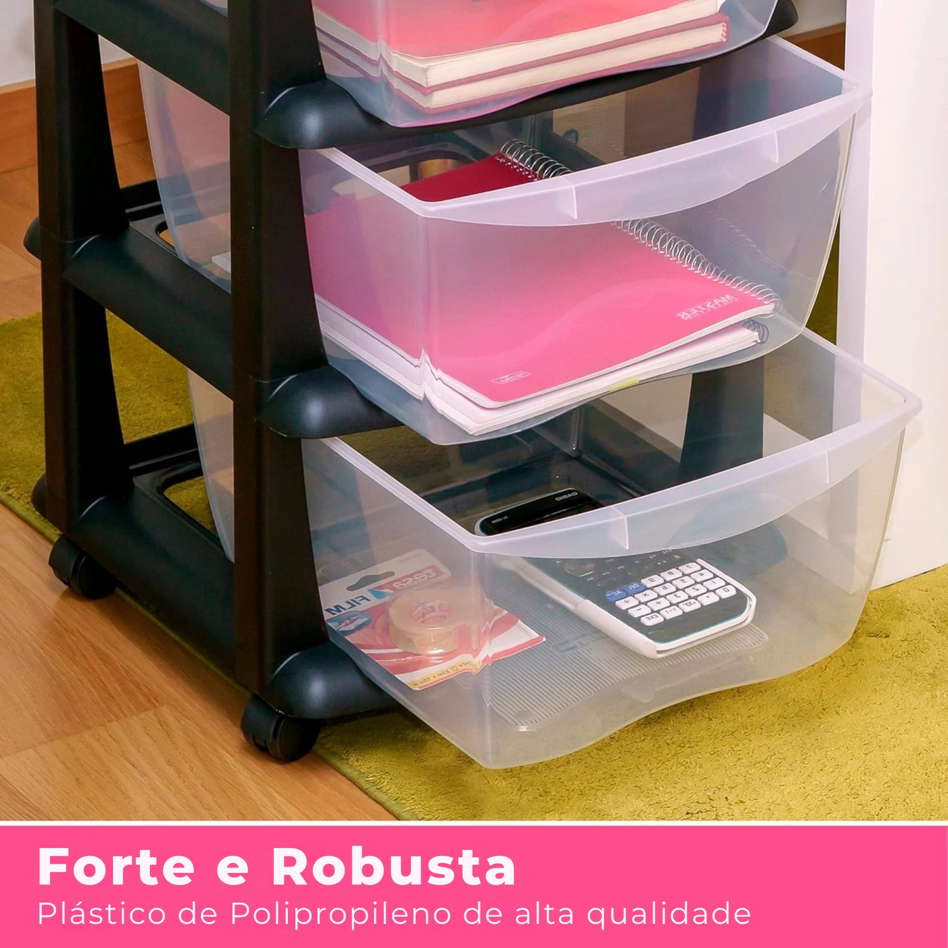 Armário de arrumação em plástico com gavetas e rodas – estrutura forte e robusta