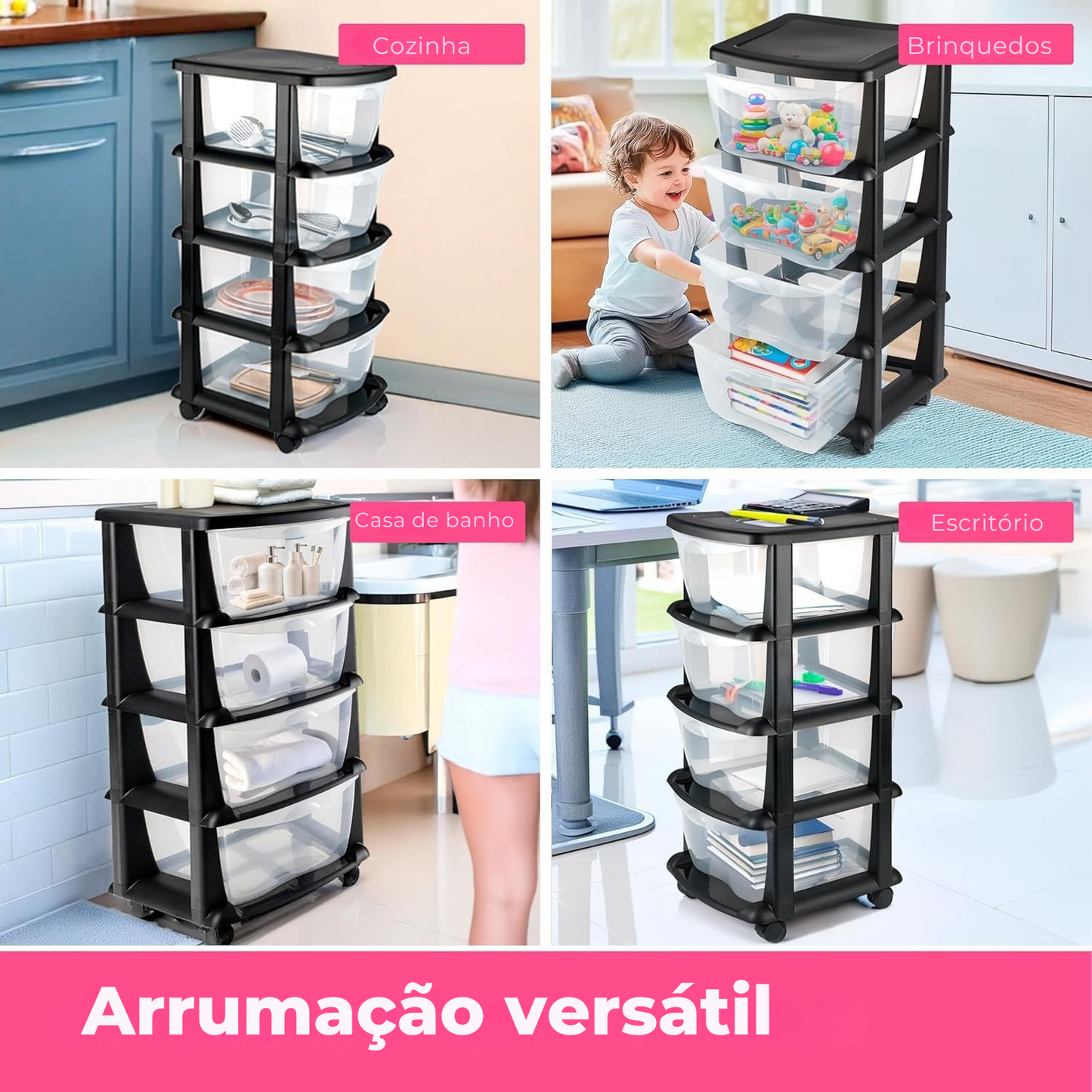 Armário de arrumação em plástico com 4 gavetas e rodas – solução versátil para organização