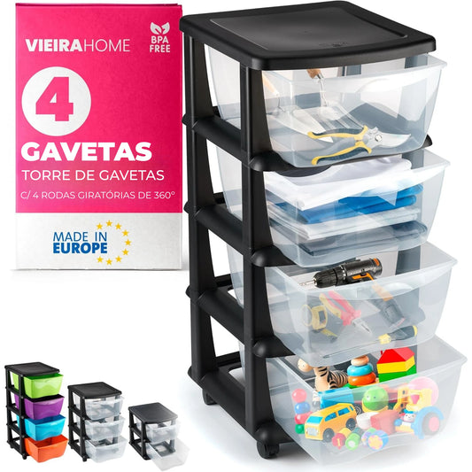 Armário de arrumação em plástico com 4 gavetas e rodas – vista frontal
