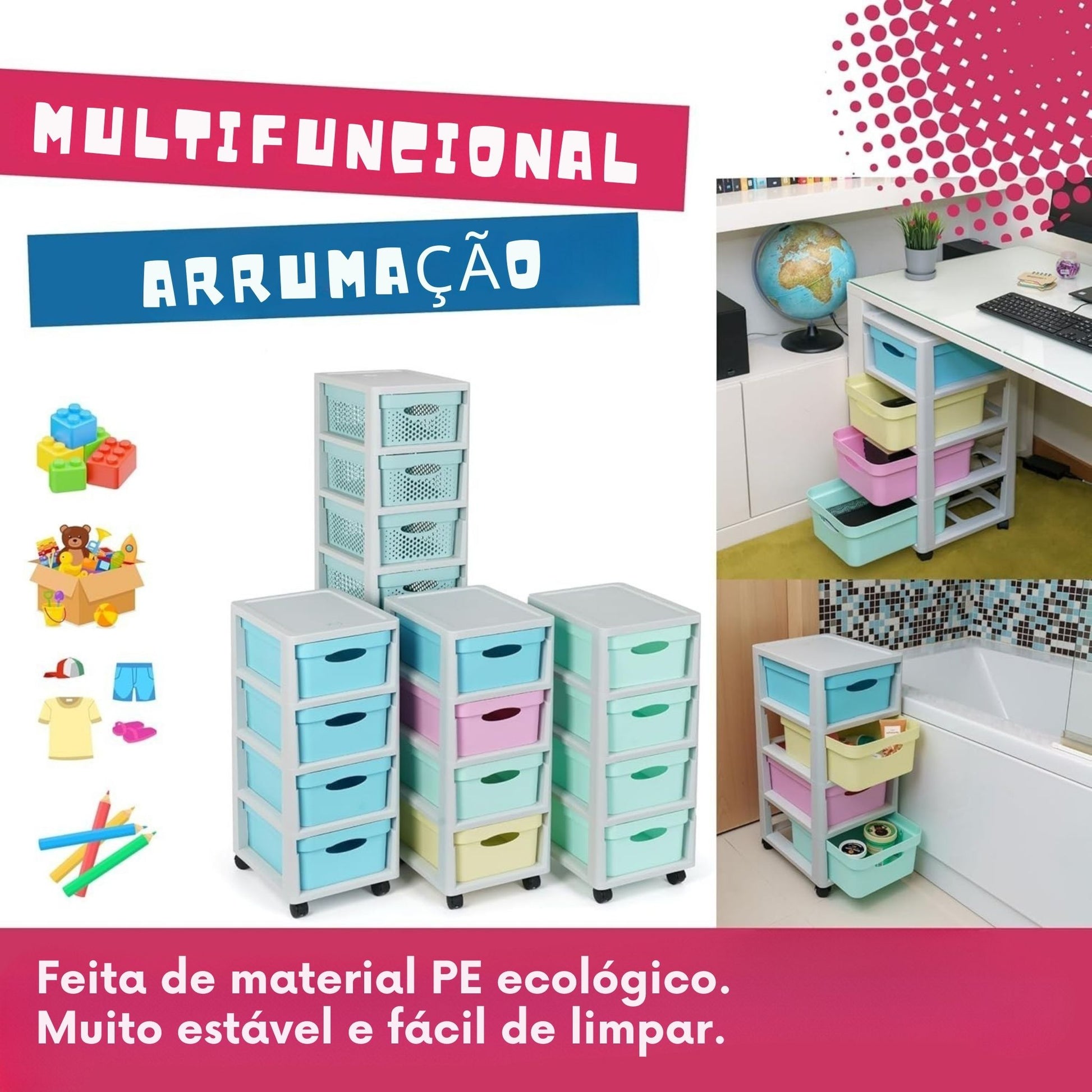 cómoda de plástico com 4 gavetas e rodas – infantil/juvenil, escritório, sala, escola –arrumação multifuncional