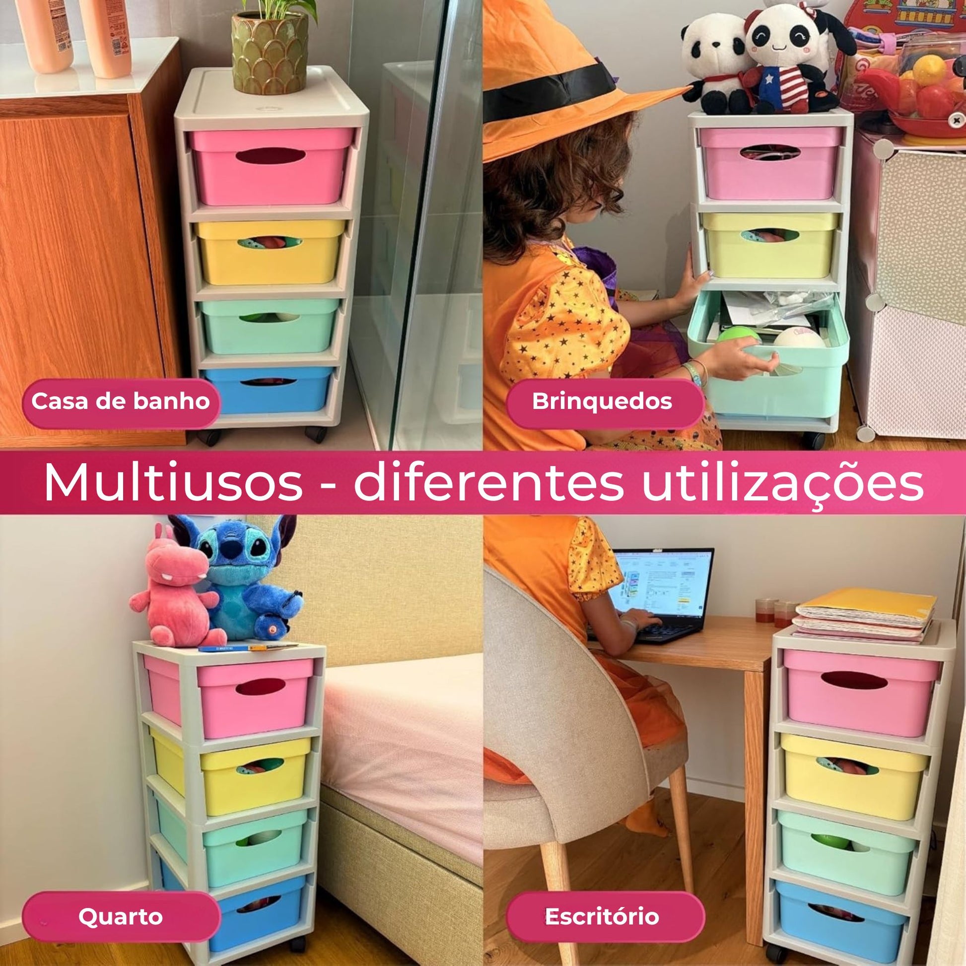 cómoda de plástico com 4 gavetas e rodas – infantil/juvenil, escritório, sala, escola – diferentes utilizaçoes