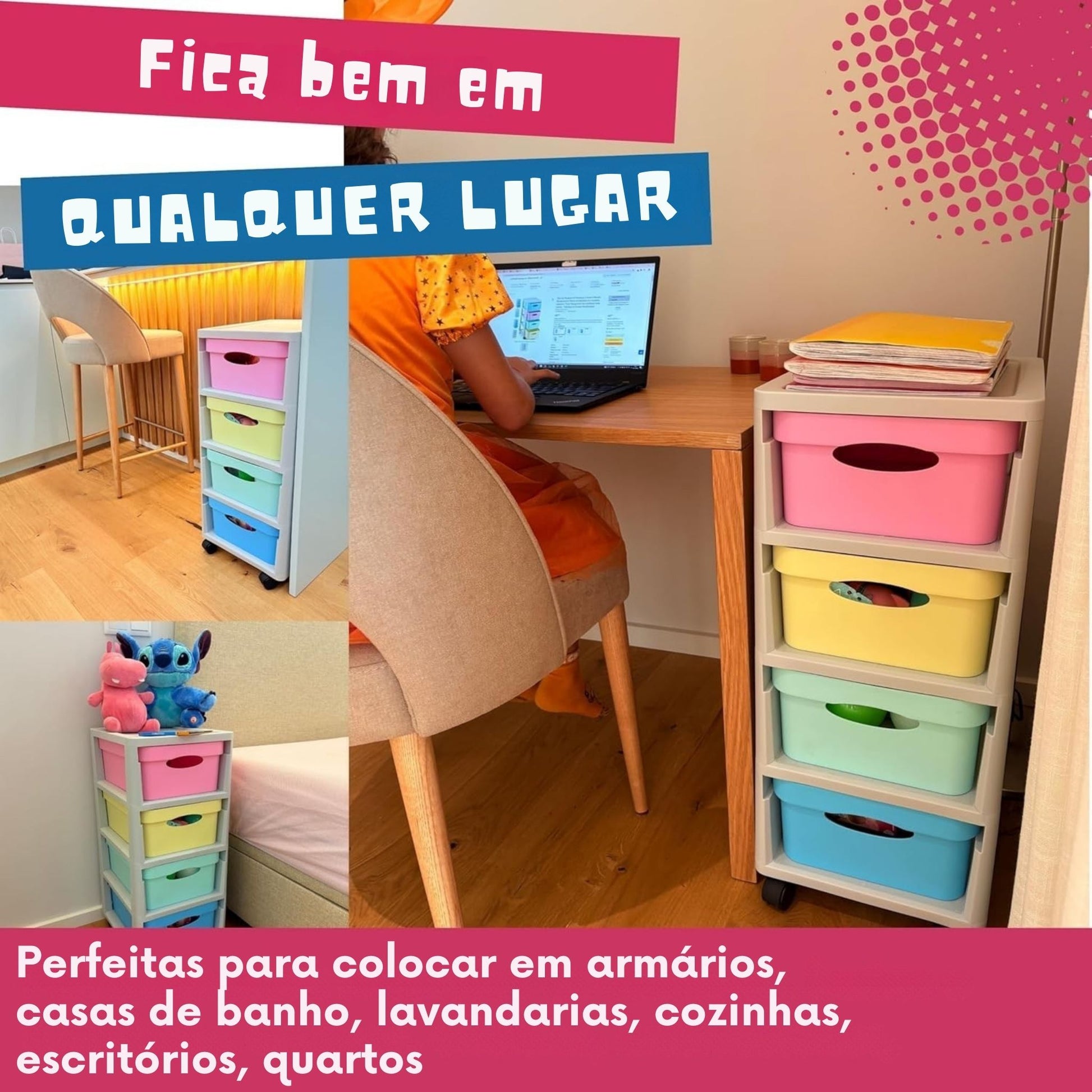 cómoda de plástico com 4 gavetas e rodas – infantil/juvenil, escritório, sala, escola – perfeita para qualquer zona casa