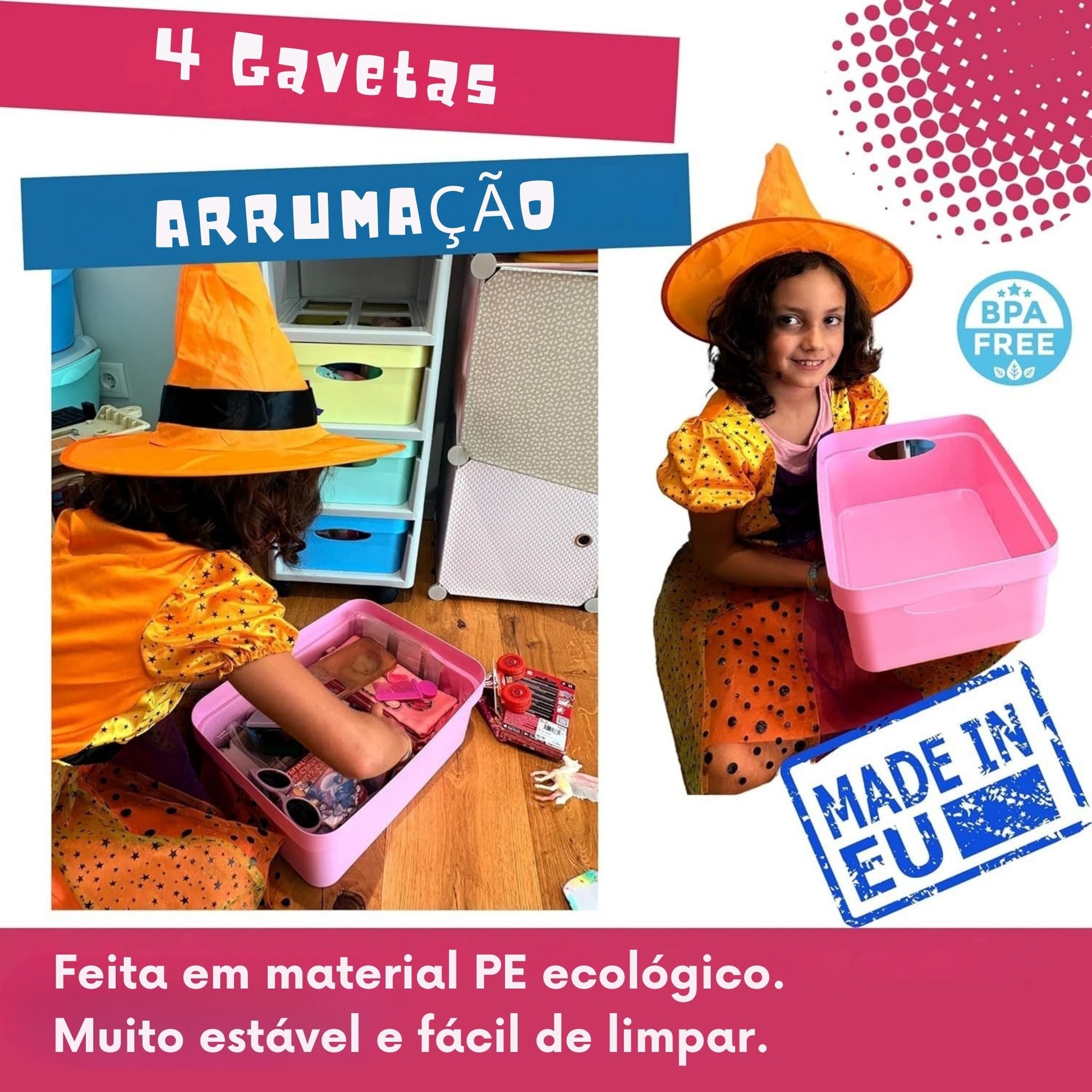 cómoda de plástico com 4 gavetas e rodas – infantil/juvenil, escritório, sala, escola – estabilidade e fácil de limpar