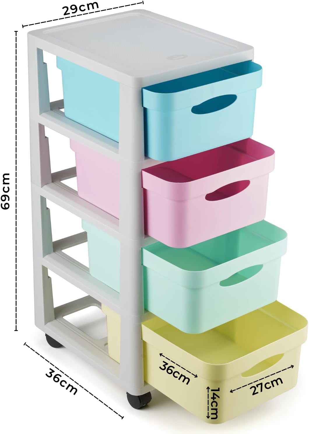 cómoda de plástico com 4 gavetas e rodas – infantil/juvenil, escritório, sala, escola – medidas completas