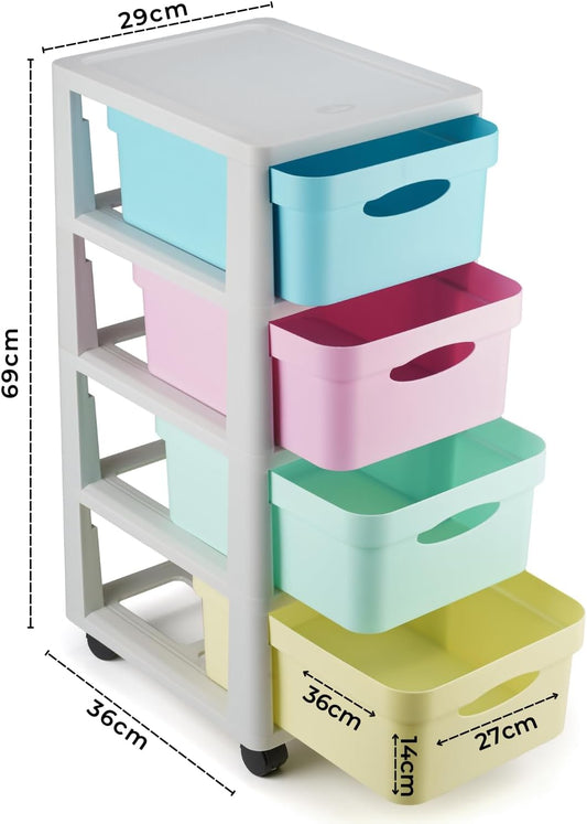cómoda de plástico com 4 gavetas e rodas – infantil/juvenil, escritório, sala, escola – medidas completas