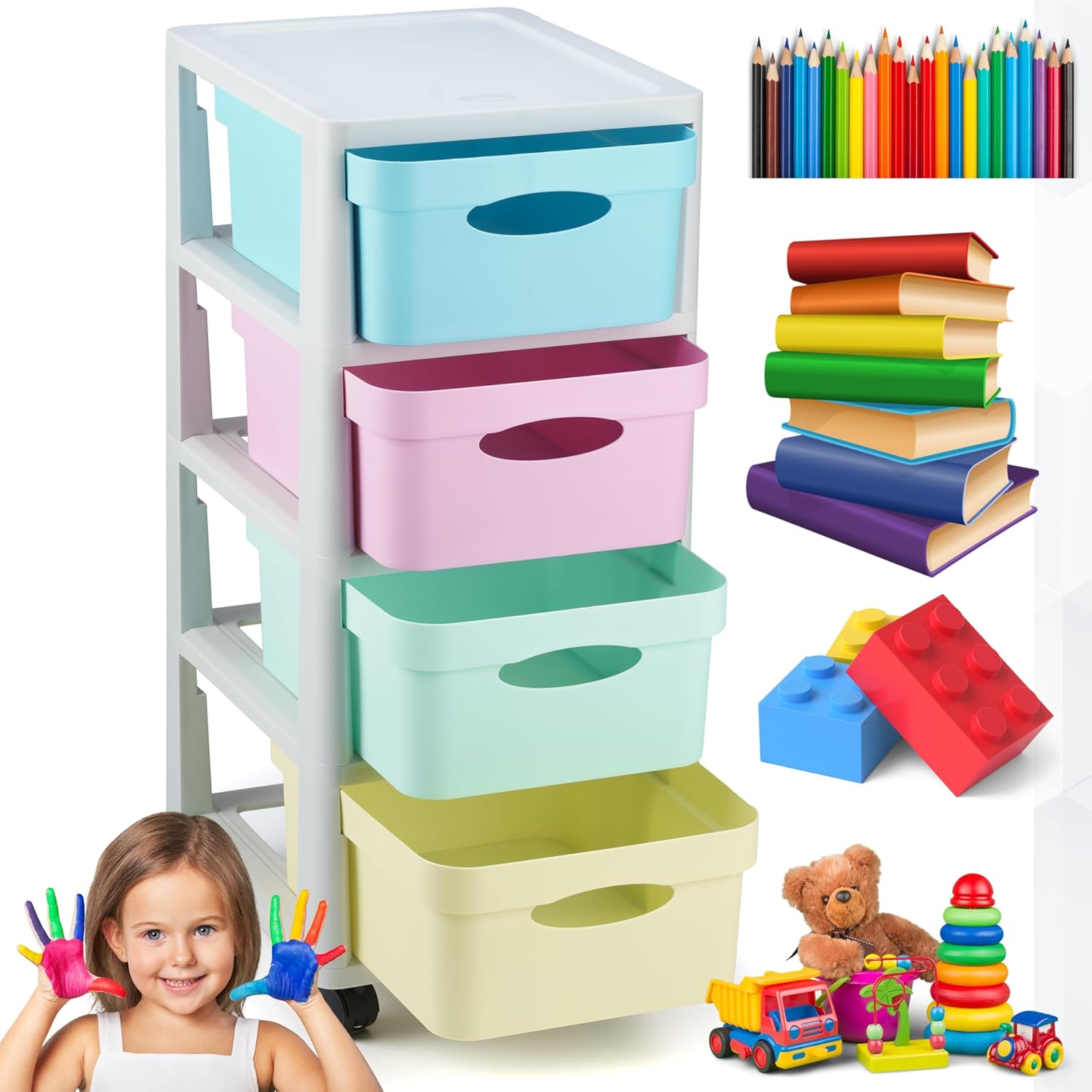 cómoda de plástico com 4 gavetas e rodas – infantil/juvenil, escritório, sala, escola – imagem frontal