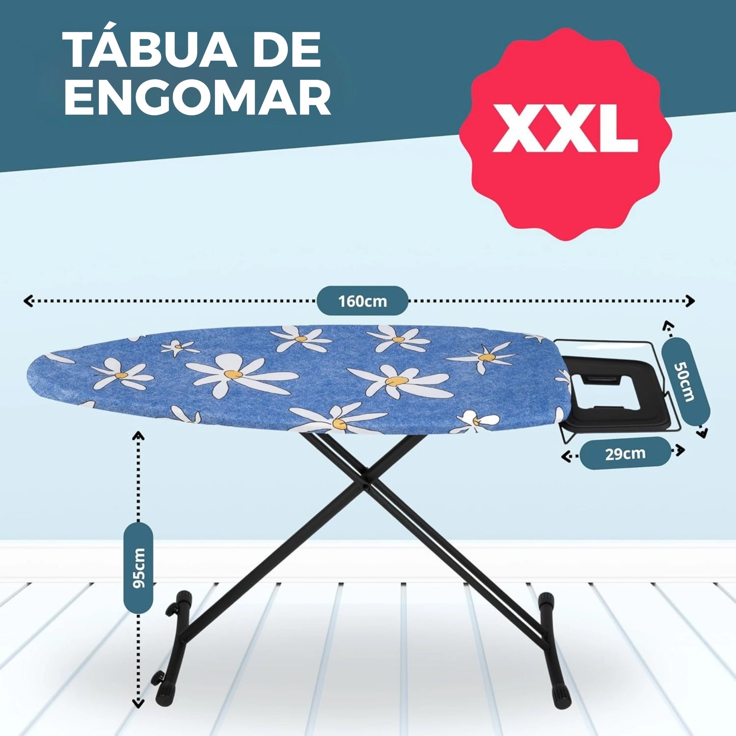 tábua de passar roupa premium com capa floral e 2 rodas – medidas