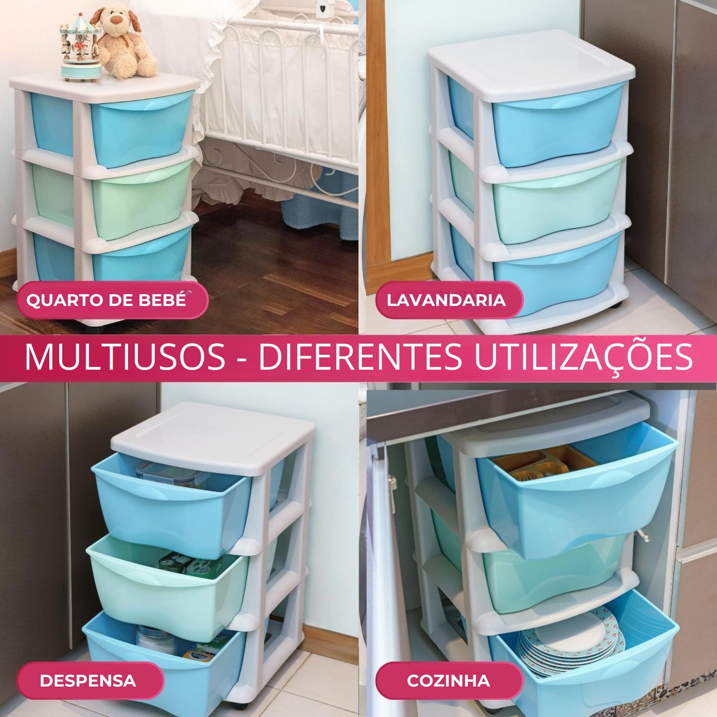 torre arrumacao plastico 3 gavetas azul rodas - multiusos
