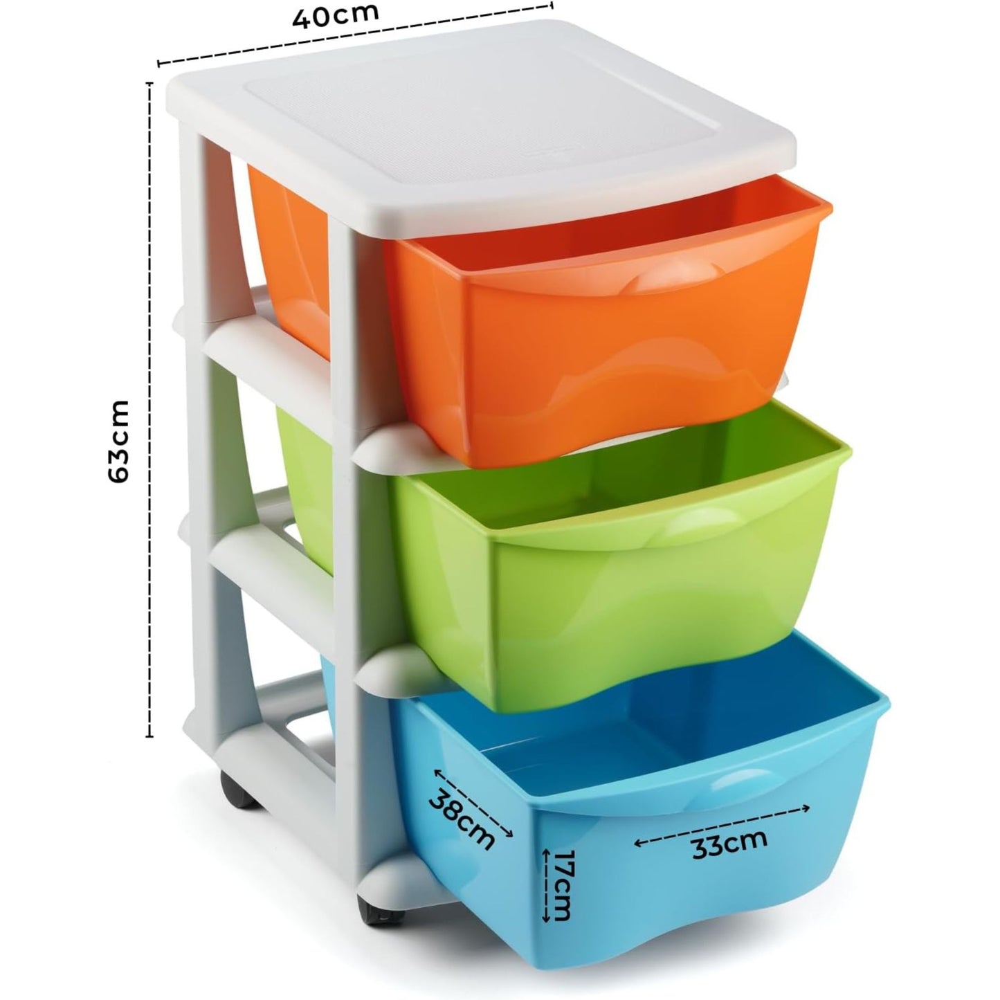 torre arrumacao plastico 3 gavetas multicolor rodas - medidas