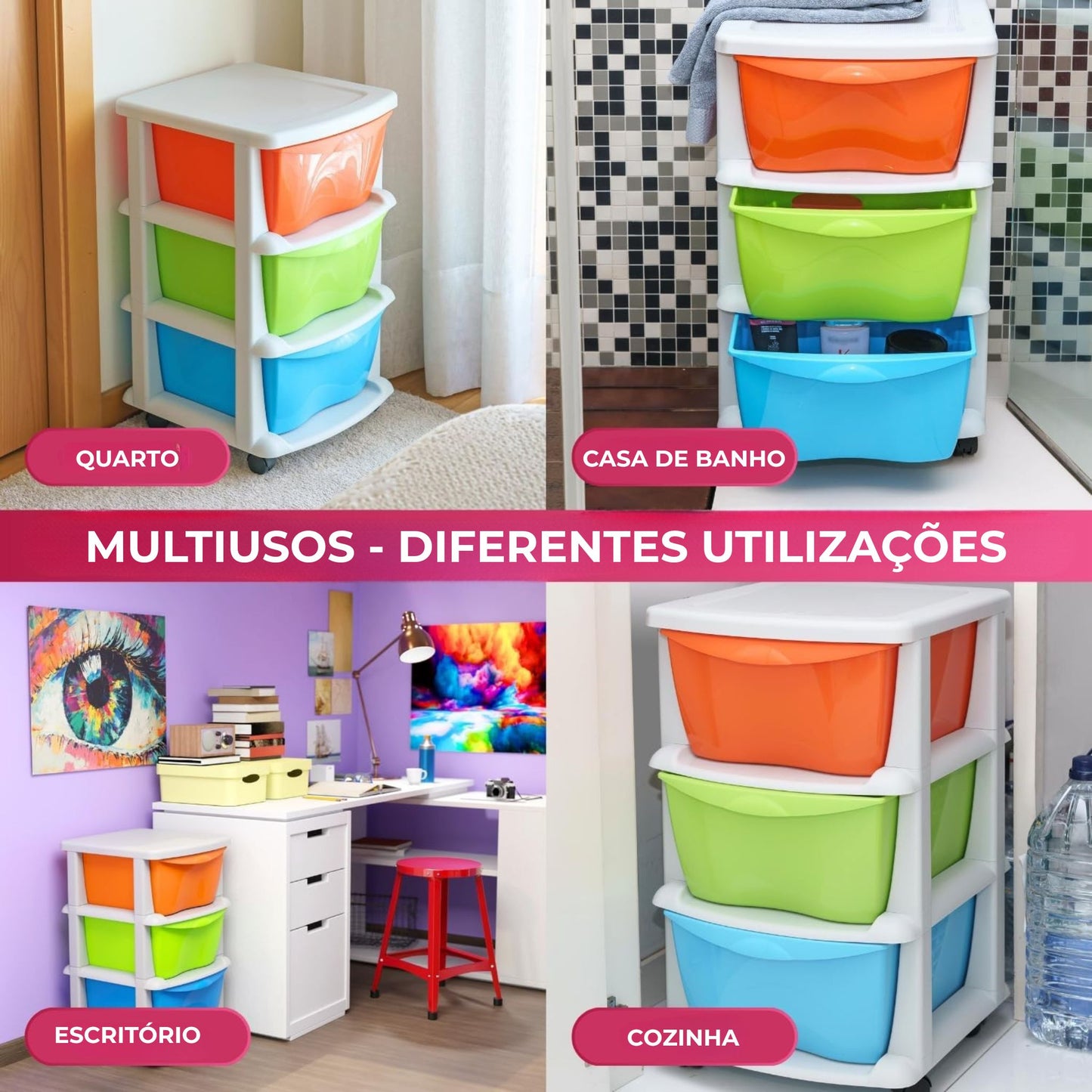 torre arrumacao plastico 3 gavetas multicolor rodas - multisusos