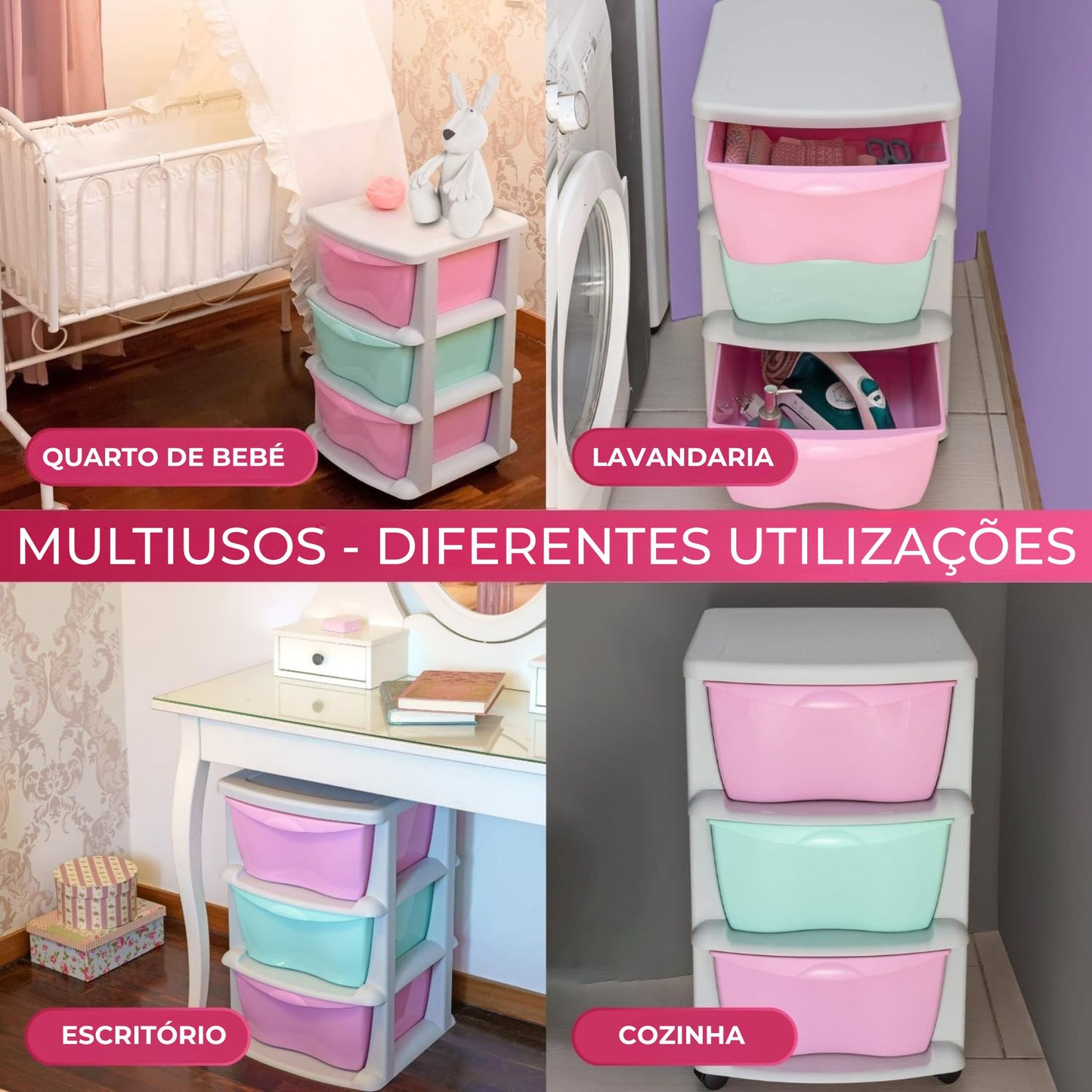 torre arrumacao plastico 3 gavetas rosa rodas - multisusos