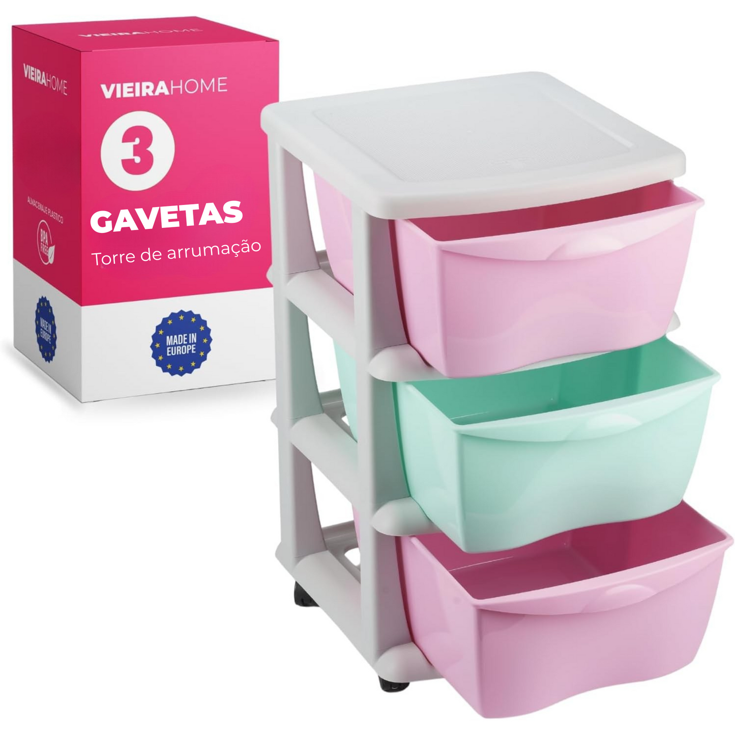 torre arrumacao plastico 3 gavetas rosa rodas - imagem frontal