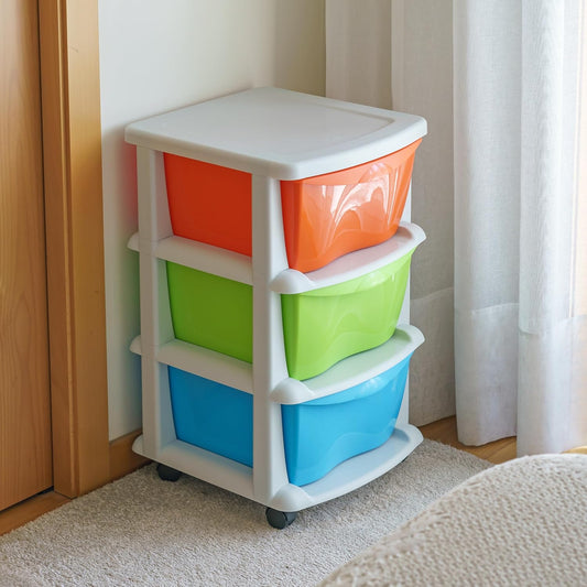 torre arrumacao plastico 3 gavetas multicolor rodas - detalhe