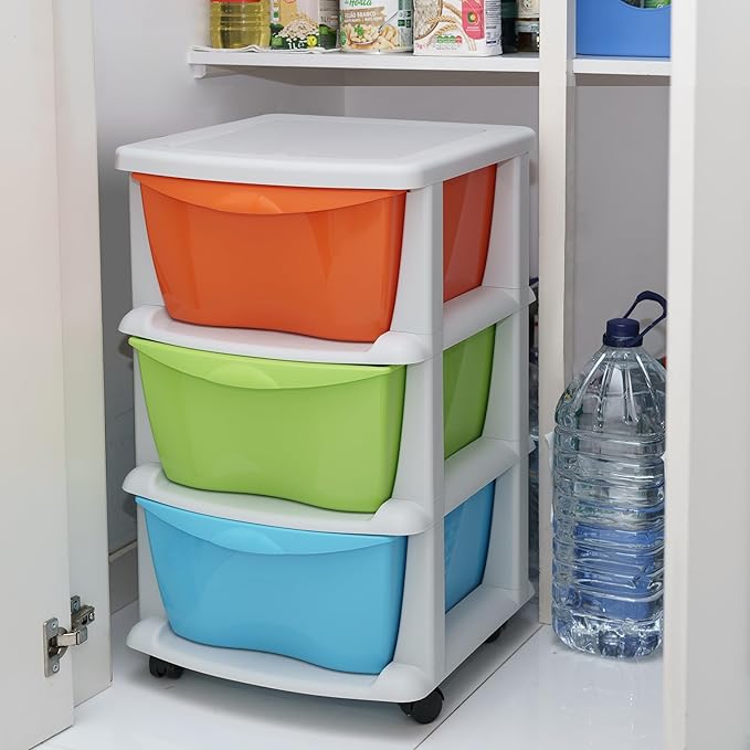 Torre de Arrumação Multicolor em Plástico com 3 Gavetas e Rodas – 63x40 cm | Escritório, Sala, Escola, Casa de Banho