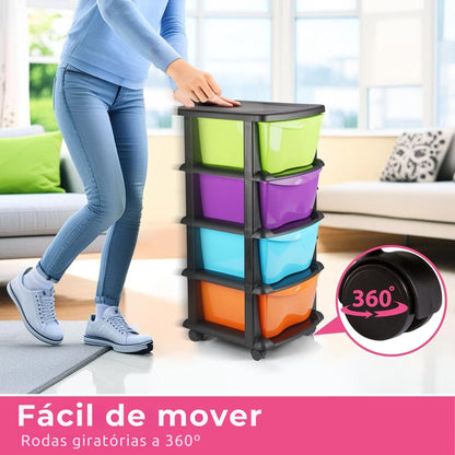 Armário de arrumação com 4 gavetas multicolor – rodas giratórias de 360 graus para fácil mobilidade