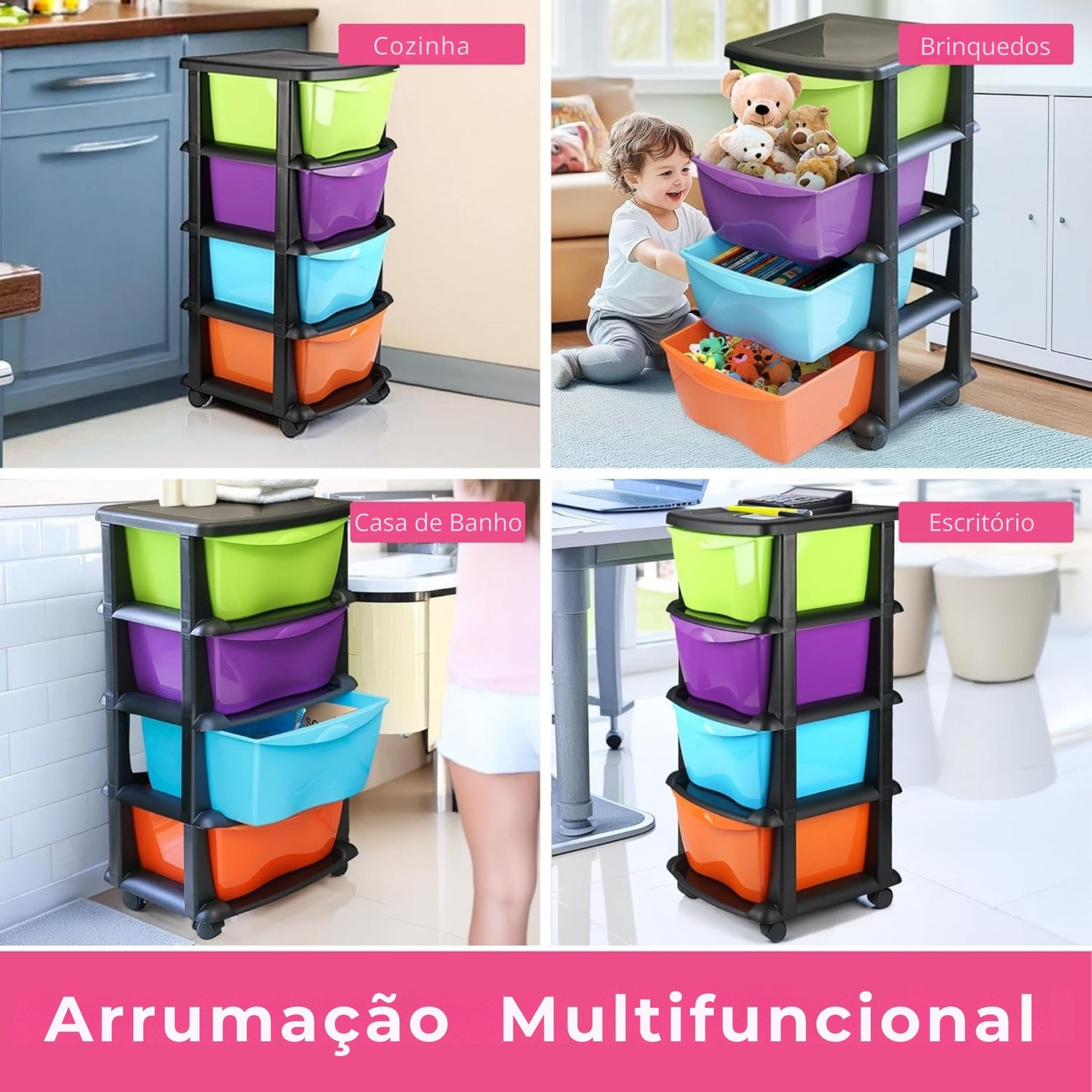 Armário de arrumação em plástico com 4 gavetas multicolor e rodas – solução versátil para organização