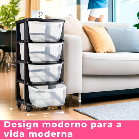 Armário de arrumação em plástico com 4 gavetas e rodas – medidas detalhadas
