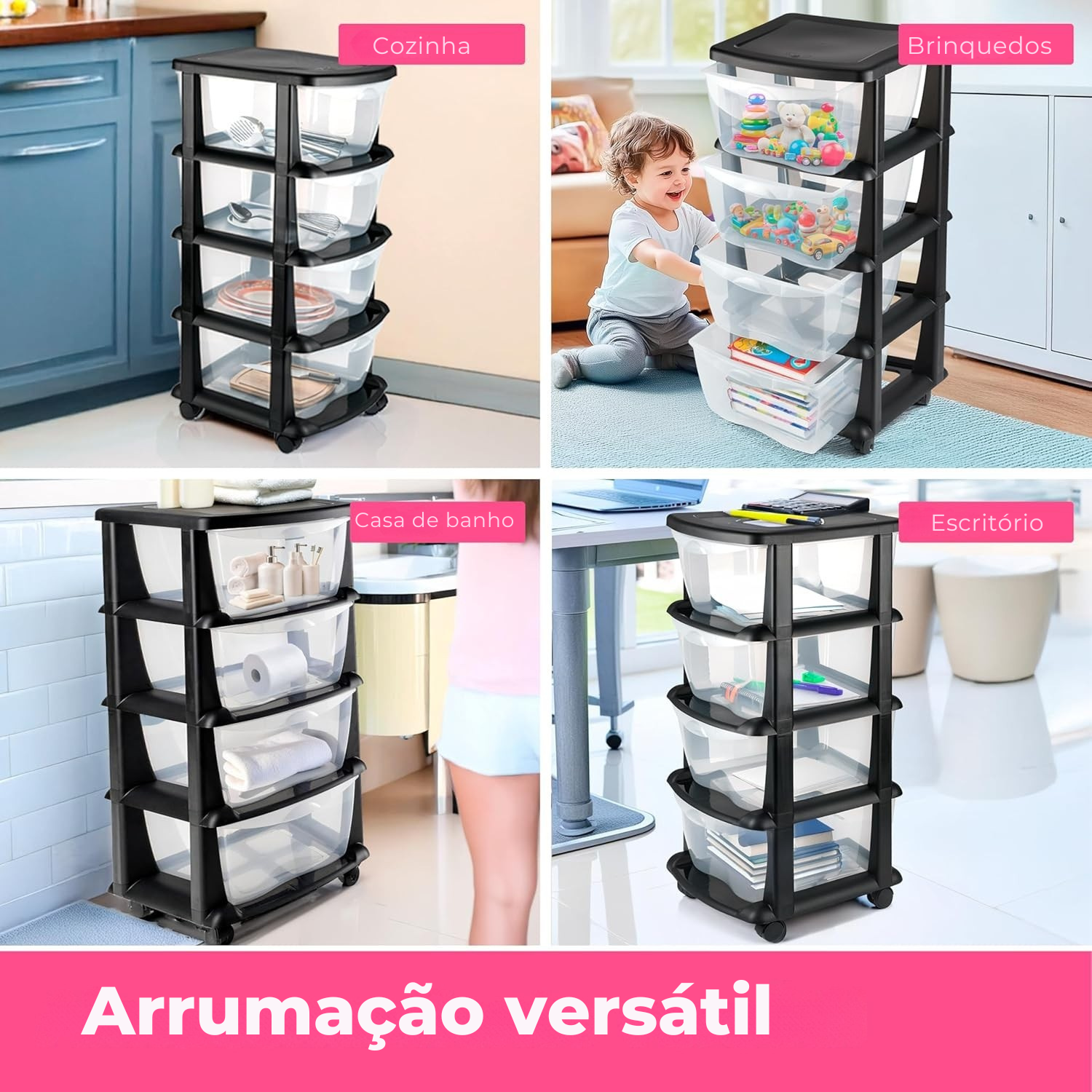 Armário de arrumação em plástico com 4 gavetas e rodas – solução versátil para organização